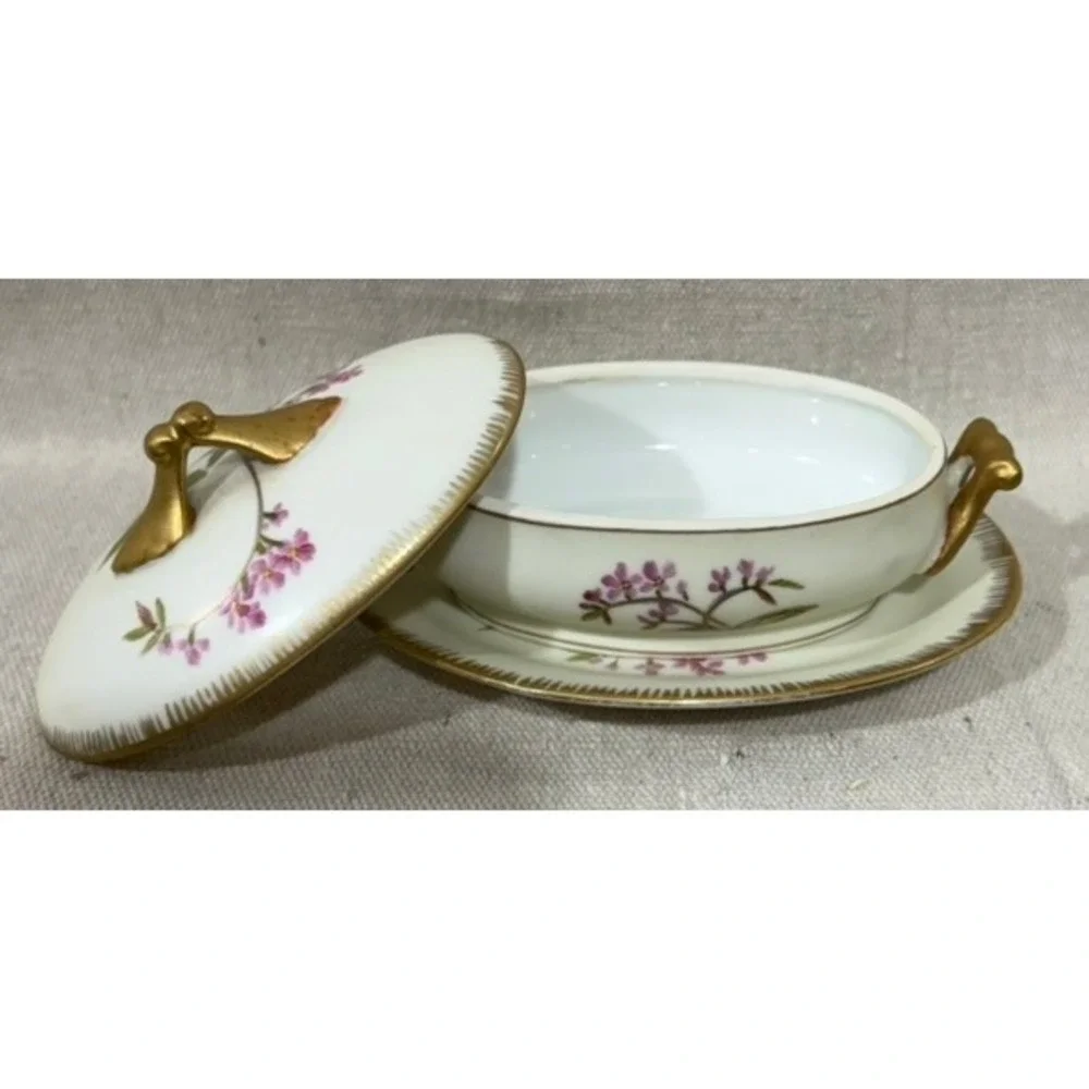 Vintage Floral Porcelain Lidded Tureen and Underplate Set Gold Gilt 6623